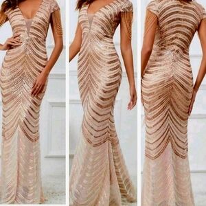 Gold, Chevron Print, Sequined Mermaid Gown,  Custom Handmade